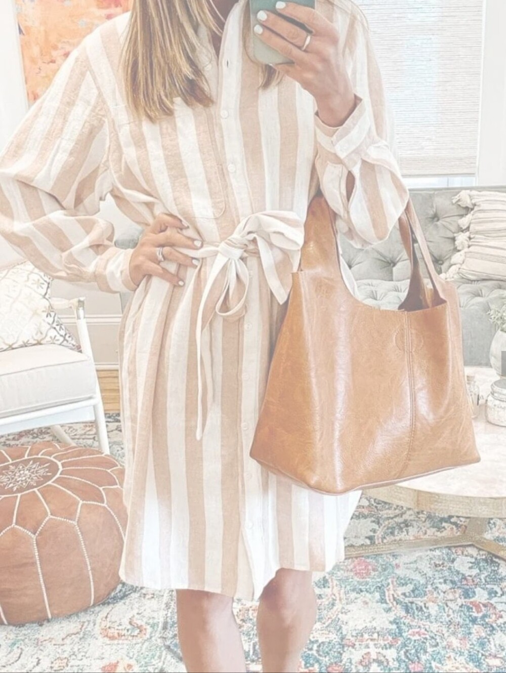 Striped Tie-Waist Shirt Dress in BlushBeige & White